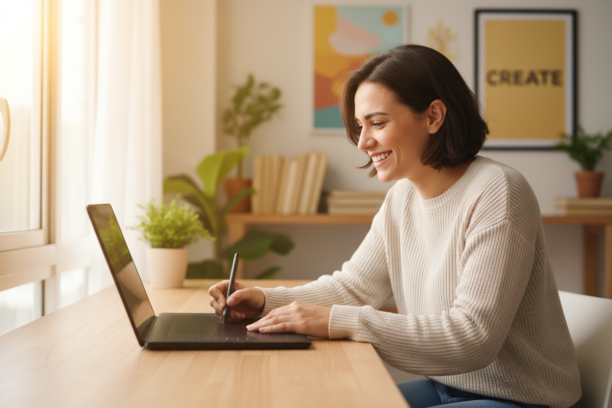 Genera un imagen que represente el "Enfoque" en una persona y felicidad, que no este tan cerca 