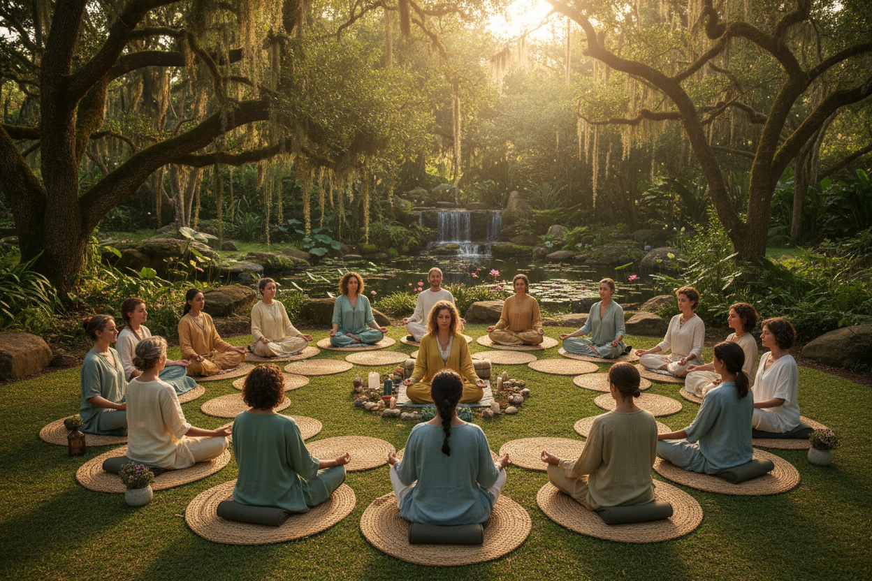 Genera una imagen de un grupo de personas meditando, en un ambiente tranquilo y todos disfrutando del ambiente, meditacion. 