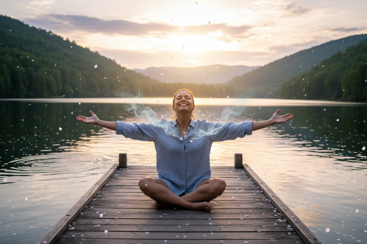 genera una imagen que represente "fuera el estres" con una persona